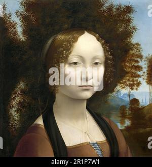 Ginevra de' Benci (1457-1520), die Tochter eines wohlhabenden florentinischen Bankers im Alter von 16 Jahren, ein Gemälde des italienischen Renaissance-Künstlers Leonardo da Vinci (1452-1519), eine historische, digital restaurierte Reproduktion eines Originals aus dem 19. Jahrhundert / Ginevra de’ Benci (1457-1520), Die Tochter eines wohlhabenden Florentiner Bankiers im Alter von 16 Jahren, ein Gemälde des italienischen Renaissancekünstlers Leonardo da Vinci (1452-1519), Historisch, digitale Restaurierte Reproduktion von einer Vorlage aus dem 19. Hundert Stockfoto