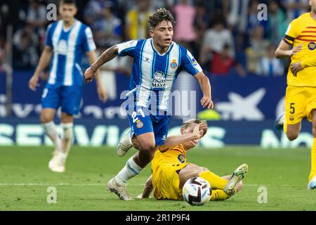 CORNELLA, SPANIEN - MAI 14: Nico Melamed von RCD Espanyol während des Spiels La Liga zwischen RCD Espanyol und dem FC Barcelona am 14. Mai 2023 im RCDE-Stadion in Cornella, Spanien Stockfoto