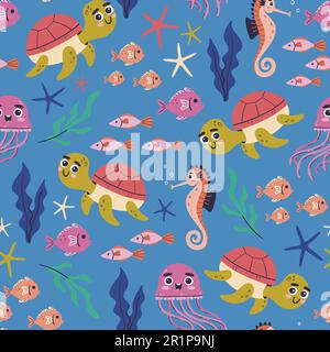 Sea animals seamless pattern. Cute seahorses and sea turtles swimming in the sea with jellyfish, seaweed and fish. Isolated elements on blue backgroun Stock Vektor