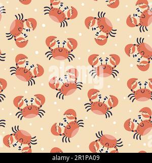 Crabs background. Cute sealife seamless pattern. Cartoon crabs and decorative dots isolated on light yellow background. Square format. Hand-drawn vect Stock Vektor