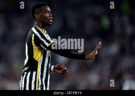 Turin, Italien. 14. Mai 2023. Paul Pogba vom FC Juventus Gesten während des Fußballspiels der Serie A vor dem FC Juventus und uns Cremonese im Allianz-Stadion am 14. Mai 2023 in Turin, Italien . Kredit: Marco Canoniero/Alamy Live News Stockfoto