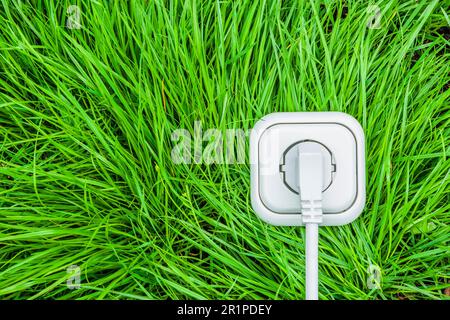 Weiße Buchse mit Netzstecker und Kabel auf grünem Gras Stockfoto