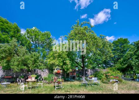 Klostergarten, Propstei Zella, Garten, Botanik, Sommer, Blick auf das Dorf, Zella, Rhön, Wartburgkreis, Thüringen, Deutschland, Europa, Stockfoto