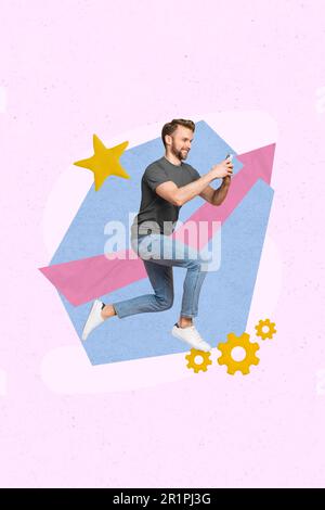 Kreatives Retro-3D-Magazin-Collage-Bild eines aufgeregten Mannes, der Blogging-Erfolg erzielt, isolierter, farbenfroher pinkfarbener Hintergrund Stockfoto