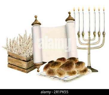 Aquarell Shavuot Grußkartenvorlage mit Holzbox mit Weizenernte, Torah-Schriftrolle, Challah und Menorah Stockfoto