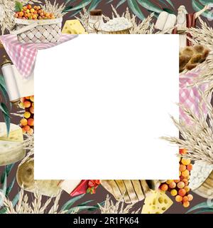 Shavuot Holiday quadratische Rahmenvorlage mit Symbolen und Essen. Aquarelldarstellung isoliert auf Weiß mit Kopierbereich. Stockfoto