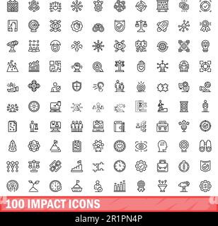 100 Aufprallsymbole eingestellt. Gliederungsdarstellung der 100-Auswirkungssymbole, die auf weißem Hintergrund isoliert sind Stock Vektor