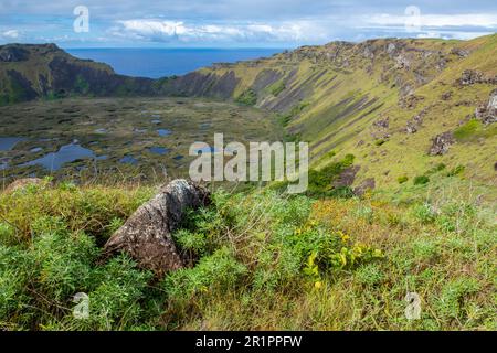 Chile, Osterinsel alias Rapa Nui, Orongo, Rano Kau. Vulkankrater mit See im Inneren. UNESCO-Weltkulturerbe. Stockfoto