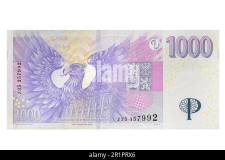 1 000 tschechische-Kronen-Banknote auf weißem Hintergrund Stockfoto