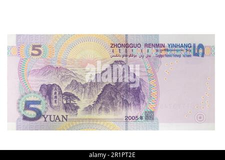 Fünf-Yuan-Banknoten auf weißem Hintergrund Stockfoto