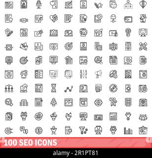 100 seo-Symbole eingestellt. Gliederungsdarstellung von 100 seo-Symbolen, Vektorsatz isoliert auf weißem Hintergrund Stock Vektor