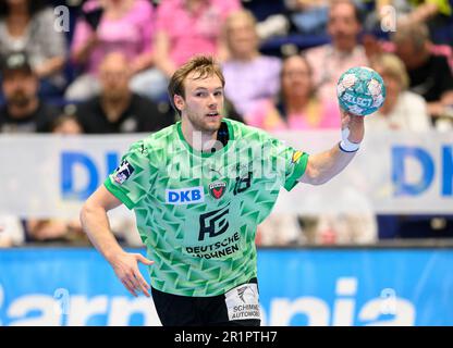 Mathias GIDSEL (B) Action, Handball 1. Bundesliga, 30. Spieltag, Bergischer HC (BHC) - Fuechse Berlin (B) 34:30, am 14. Mai 2023 in Düsseldorf. Â Stockfoto