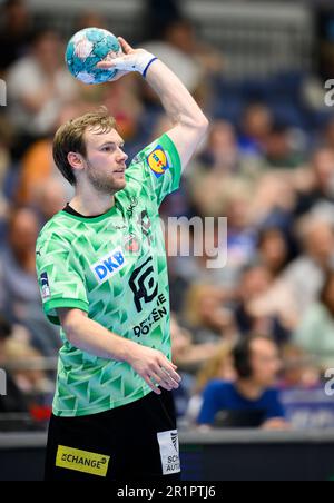 Mathias GIDSEL (B) Action, Handball 1. Bundesliga, 30. Spieltag, Bergischer HC (BHC) - Fuechse Berlin (B) 34:30, am 14. Mai 2023 in Düsseldorf. Â Stockfoto