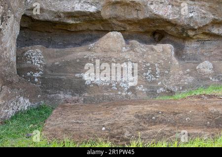 Chile, Osterinsel alias Rapa Nui. Traditioneller Moai aus Stein, geschnitzt vom Berghang in Rano a Raraku, auch bekannt als Steinbruch. UNESCO-Weltkulturerbe. Stockfoto