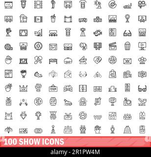 100 Symbolsatz anzeigen. Die Gliederungsabbildung von 100 zeigt Symbole, die auf weißem Hintergrund isoliert sind Stock Vektor