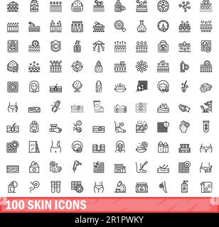 100 Skin-Symbole festgelegt. Umrissdarstellung von 100-Skin-Symbolen, Vektorsatz isoliert auf weißem Hintergrund Stock Vektor
