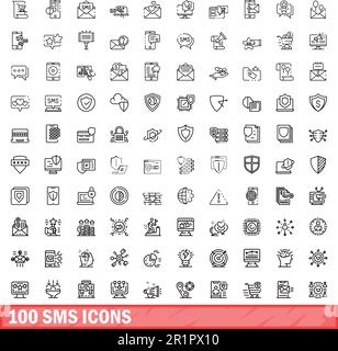 100 sms-Symbole eingestellt. Gliederungsdarstellung von 100 sms-Symbolen, Vektorsatz isoliert auf weißem Hintergrund Stock Vektor