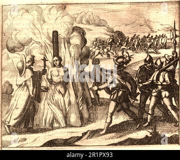 Folter, Spanier verbrennen einen Mann auf dem Scheiterhaufen. Ein Priester hält dem Mann, der verbrannt oder gefoltert werden soll, eine Bibel und ein Kruzifix aus dem Jahr 1750, Amerika, Historisch, digital restauriert aus einem Original/Folter aus dem 19. Jahrhundert, Spanier verbrennen einen Mann auf dem Scheiterhaufen. Ein Priester hält dem Mann, der verbrannt oder gefoltert werden soll, eine Bibel und ein Kruzifix hin, 1750, Amerika, Historisch, digital restaurierte Reproduktion von einer Vorlage aus dem 19. Hundert Stockfoto