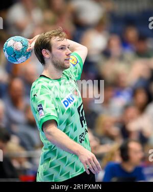Mathias GIDSEL (B) Action, Handball 1. Bundesliga, 30. Spieltag, Bergischer HC (BHC) - Fuechse Berlin (B) 34:30, am 14. Mai 2023 in Düsseldorf. Â Stockfoto