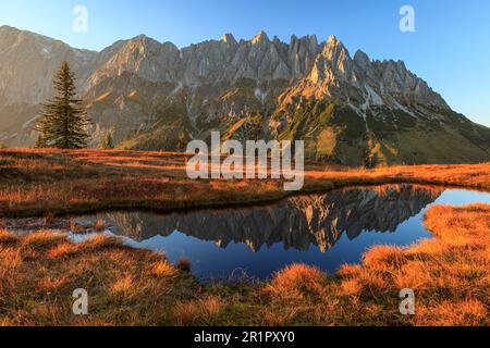 Kleiner Teich mit Hochkönig und Mandlwand hinten, Berchtesgadener Alpen, Salzburg, Österreich Stockfoto