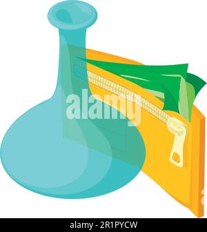 Alkoholverkaufssymbol isometrischer Vektor. Transparente Karaffe in der Nähe einer offenen Geldbörse. Restaurant, Café, Geschäft Stock Vektor