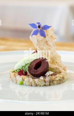 Italien, Trentino Südtirol, Südtirol, Merano, Castel Fragsburg, Restaurant Prezioso von Chef de Cuisine Egon Heiss, vegane Küche mit tierproduktfreien Zutaten, Buchweizensalat, Granny Smith Sorbet, Damonbraten, Stockfoto