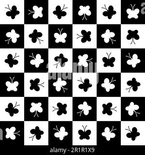 Nahtloses Schmetterlingsmuster. Sich wiederholende süße Schmetterlinge im Hintergrund. Wiederholtes modernes Blumendesign für Drucke. Beispiel für eine schwarz-weiße Silhouette mit Textur Stock Vektor