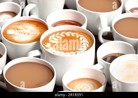 Verschiedene Kaffeegetränke. Seitenansicht auf dem dunklen Tisch mit köstlichen heißen Getränken in Tassen. Art Latte, Cappuccino, americano, Espresso, flach weiß Stockfoto