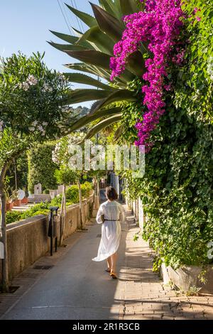 Frau in den Gassen von Capri, Capri Island, Golf von Neapel, Kampanien, Italien, Europa Stockfoto