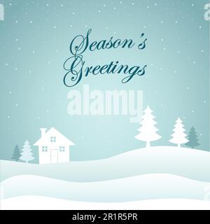 Winterlandschaft mit Haus, Kiefern, Schneefall und Hügeln Stock Vektor