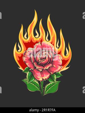 Tattoo der brennenden Rosenblume in Flamme isoliert auf schwarzem Hintergrund. Vektordarstellung. Stock Vektor