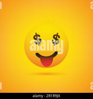 Lächelnder Emoji mit Dollar Sign Eyes - Simple Happy Emoticon auf gelbem Hintergrund Stock Vektor