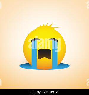 Weinender trauriger Emoji mit lustigem Haar – einfaches Emoticon auf gelbem Hintergrund Stock Vektor