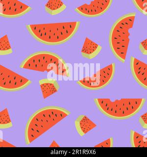 Nahtloses Wassermelonenmuster. Verstreute Wassermelonenscheiben auf violettem Hintergrund. Vektordarstellung in flacher Form. Stock Vektor