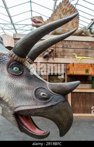 Riesige Dinosaurierreplikate im Tropenzoo Berkenhof, Vergnügungs- und Tierpark in der Nähe des Kwadendamms, Zeeland, Niederlande Stockfoto