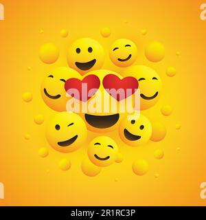 Verschiedene lächelnde „Happy Emoticons“ mit herzförmigen Augen vor einem gelben Hintergrund, Vektordesign Stock Vektor