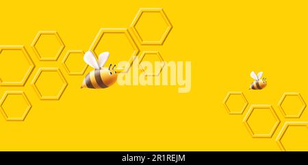 Hintergrund mit großen Wabenwaben und abgerundeten 3D-Renderbienen, gelber Hintergrund Stock Vektor