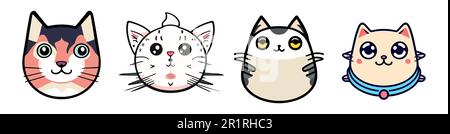 Set mit niedlichen Katzengesichtern im Cartoon-Doodle-Stil. Stock Vektor