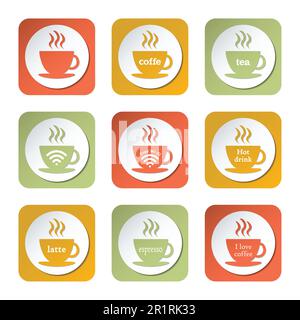 Bunte Kaffee Symbole. Neun unterschiedliche Symbole mit einer Tasse Kaffee und Tee sowie verschiedene Inschriften. Stock Vektor