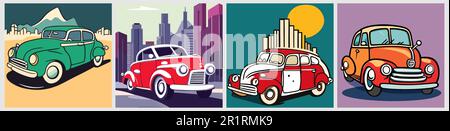 Set aus Cartoon-Oldtimern mit Stadtbild-Vektor. Stock Vektor