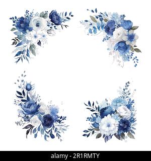 Staubige blaue Rose, echeveria Succulent, weiße Hortensien, Ranunculus, Anemone, Eukalyptus, Wacholdervektordesign Hochzeitssträuße. Saisonale Blumenkarte Stock Vektor
