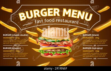Café-Burger-Menü. Realistischer Flyer für Street Fast Food mit Preisen und Zutaten, Design von Restaurantpapiersubstraten, leckerem Hamburger und gebratener Kartoffel Stock Vektor