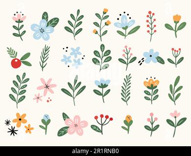 Süße Blumen Set. Frühlingsblumen-Vektor-Illustration. Botanische Dekorationselemente. Stock Vektor