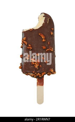 Bitten Chocolate Dipped Ice Cream Bar, isoliert auf weißem Hintergrund Stockfoto