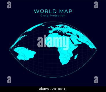 Weltkarte. Craigsche retroazimutale Projektion. Futuristische Infografik Weltanschauung. Helle Cyan-Farben auf dunklem Hintergrund. Überragende Vektorkrankheit Stock Vektor