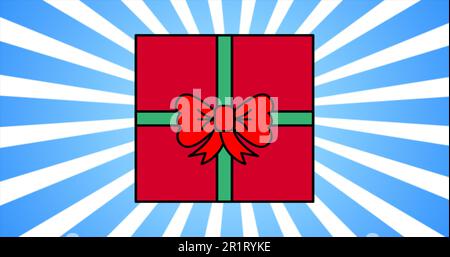 Festliche rote Geschenkbox mit Band und Schleife für Weihnachten, Neujahr oder Geburtstag im Cartoon-Stil auf blauem Hintergrund. Abstract BA Stockfoto