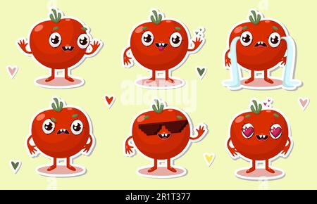 Vektordarstellung von Aufklebern mit Tomatencharakter Stock Vektor