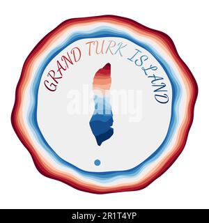 Das Abzeichen Grand Turk Island. Karte der Insel mit wunderschönen geometrischen Wellen und leuchtend rotem blauem Rahmen. Leuchtendes rundes Grand Turk-Logo. Vektordarstellung Stock Vektor