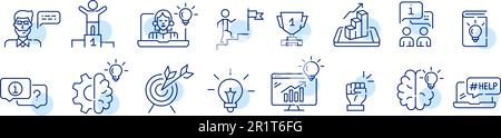 Business-Coaching. Zum Erfolg führen, Ideen entwickeln, Ziele erreichen. Pixelgenaue, bearbeitbare Kontursymbole Stock Vektor