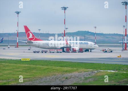 Flugzeuge der Turkish Airlines haben an den Toren angedockt, neuer Flughafen Istanbul, Istanbul, Türkei Stockfoto